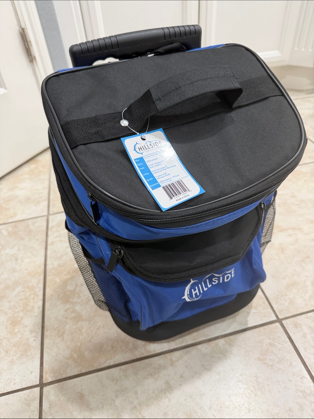 Blue and Black Rolling Cooler Bag with Telescoping Handle